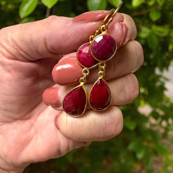Faceted Ruby Teardrop Earrings Gold Vermeil - Picture 4 of 10